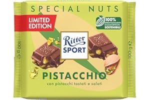 RITTER SPORT Pistacchio, Tavoletta di Cioccolato al Latte con Pistacchi Tostati e Salati, Cacao 100% Certificato Sostenibile, 100g