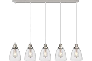 FORCOSO Glass Pendant Lights 5 Lights - Vintage Industrial Ceiling Light with Clear Glass Light Shade, Adjustable Modern Pendant Lighting for Kitchen Island Dining Table - Brushed Nickel(NO Bulbs)