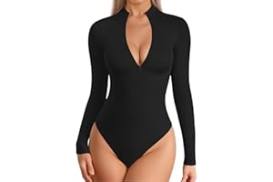 Shen&Qege Langarm-Bodysuit mit Rollkragen und Reißverschluss für Damen, tiefer V-Ausschnitt, sexy Bodysuit-Shirts