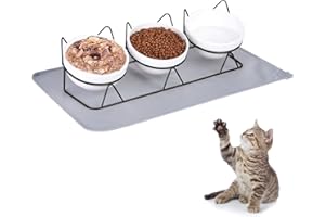 CLUIS Katzennapf 3er Set, Katzen Futternapf Erhöht Keramik Einzeln mit Unterlage Hunde Erhöhter Katzenschale Fressnapf Katze Porzellan Futter und Wasserspender Katzen Napfset Edelstahl(Schwarz)