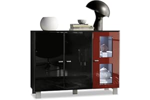 Vladon Sideboard Denjo, Kommode mit 3 Türen, Schwarz matt/Schwarz Hochglanz/Bordeaux Hochglanz, inkl. LED-Beleuchtung (107 x 81 x 35 cm)