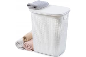 OPTIMAL PRODUCTS 52L,50L,43L & 9L Plastic Slim Lid Bin Laundry Basket Clothes Washing Hamper Organiser Storage Container (50 Litre Knit Design Ivory White)