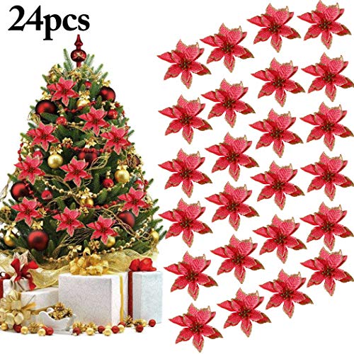 Outgeek Christmas Tree Ornament, 24Pcs 5.91'' Glitter Artificial Flowers Christmas Flowers for Wedding Party C