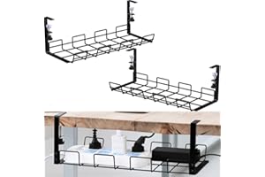 TYRKUIY No Drill to Desk Cable Management Tray, Cable Racks Under Desk Cable Organizer for Wire Management, Sturdy Metal Cable Tray Basket for Office and Home Standing Desk-2Pack
