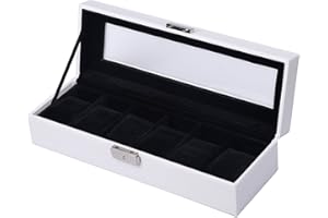 KYD Coffret de Montre Boîte avec 6 Placements - Rangement et Présentoir Moderne et Noble pour Montres Femme et Homme - Coffret à Montre en Bois et en Cuir avec Serrure Clef et Oreiller (Blanc - Noir)