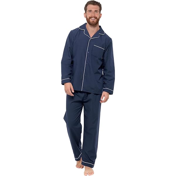Pigiama Uomo In Cotone Popeline - Giacca Con Bottoni E Pantaloni Lunghi, Taglie Forti, Colore Blu