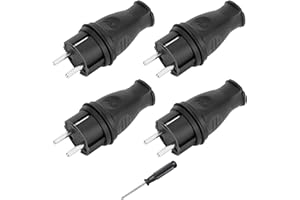 BILIPLE 4 Piezas Enchufe Schuko de Goma con Destornillador, Clavija 250V, 16A y 3,5KW, IP44 Enchufe Exterior Estanco, Clavija Macho, Enchufe de Contacto de Protección, Para Exteriores, Irrompible, Negro