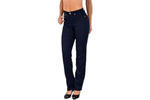 ESRA Damen Hose Straight Leg Hose High-Waist Damen Regular Stretch Stoffhose bis Übergröße T101