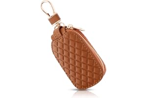 TIESOME Genuine Leather Car Key Case Holder, Universal Auto Key Fob Cover Case Anti Scratch Car Key Protectors Waterproof Vehicle Keyring Zipper Bag with Keychain & Carabiner Car Accessories