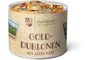 ‎DREIMEISTER DreiMeister Golddublonen in der 60er Klarsichtdose I handgemachte Schokolade-Goldtaler I Golddublonen-Schokolade in 6 Sorten I Schokoladen-Box mit Vollmilch- & Zartbitterschokolade I 480g