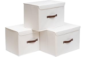 OUTBROS Paniers de Rangement, 45 x 30 x 30 cm Boîte Pliables avec Couvercles et Poignées, Caisse Range pour Vêtement, Magazine pour, Chambre à Coucher (3 pièces,Blanche)