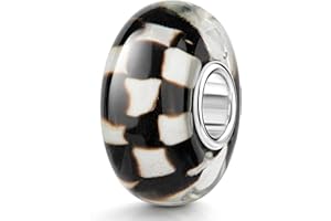 MATERIA by Matthias Wagner Szklany koralik zawieszka czarno-biała szachownica do europejskiej bransoletki 1007, Srebro szterlingowe Szkło
