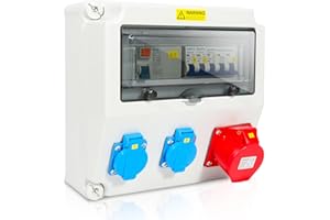 Daromigo Wandverteiler mit Leitungsschutzschalter 16A und Fi schalter, 2x16A 230V+1x16A 400V CEE 5 polig, Stromverteiler mit Sicherheitsklappdeckeln, Cee Verteiler IP44