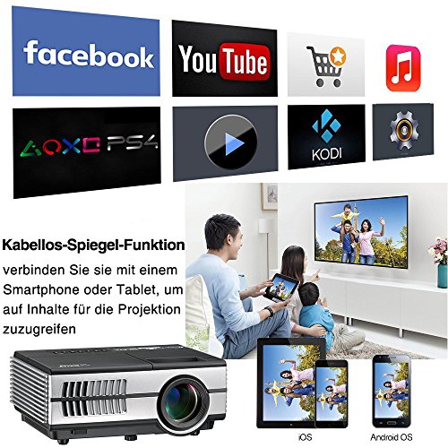 Android Beamer WIFI Projektor LED 1500 Lumen Video Projektor unterstÃ¼tz 1080p / 720p mit HDMI VGA USB AUDIO Eingang fÃ¼r Smartphone PC Laptop PS4 Xbox, integrierte Lautsprecher