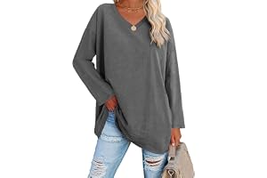 Ebifin oversize långärmad tröja damer lång tröja v-ringad topp långärmad t-tröjor tröja basic tunika tetoppar.
