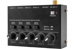 ERYUE Mixer stereo di linea,Mixer stereo a 4 canali a bassissimo rumore 4 ingressi 1 uscita DC 5V Mini mixer portatile Microfono Mixer per tastiera per basso per club Bar Stage Studio