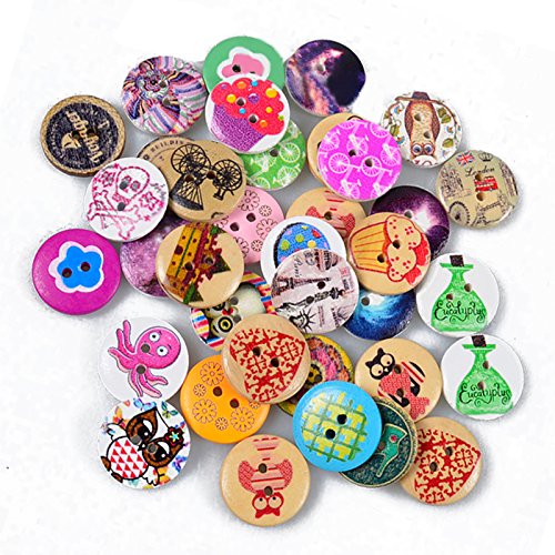 200 Stück Gemischt Muster Holz Scrapbooking Knöpfe 2 Löcher Nähen 20mm