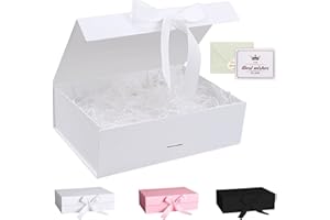 GRANTOP Gift Box, Luxury Magnetic Gift Box with Lid Ribbon Greeting Card Shredded Paper, Gift Packaging Box for Present Birthday Wedding Anniversary Festival (23×17×7cm, White)