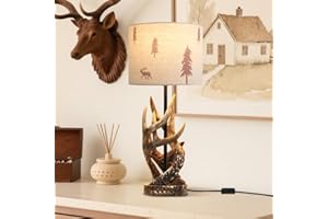YESINTO Lampada da Comodino Resina,Lampada da Scrivania vintage Rustico Stile,Cervo e Forestale Disegni Paralume in Tessuto di Lino,Base Forma di Corno Cervo Imitato,Luce da Tavolo Soggiorno Camera Da Letto