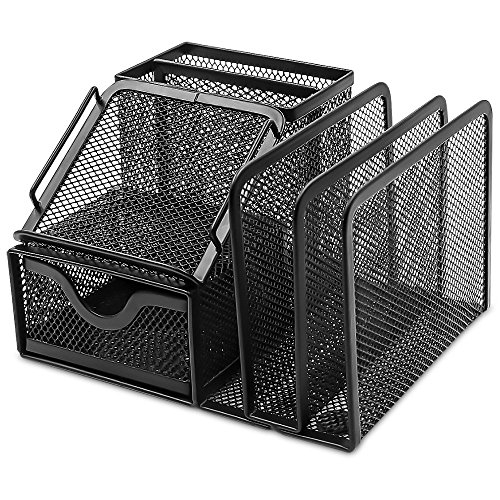 Plemo Organisateur de Bureau Boîtes de Rangement Set de bureau, 2 Pot à Crayons + Support Téléphone + Tiroir + 3 Compartiments pour Documents en Maille Métallique avec des pieds en EVA