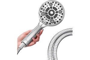 Lokby Shower Head and Hose Set 6 Settings - 1,5 m Stainless Steel Shower Hose - G1/2 Universal Connection - Shower Head High Pressure for Low Hard Water - Water Saving System - Up to 28% Less Water