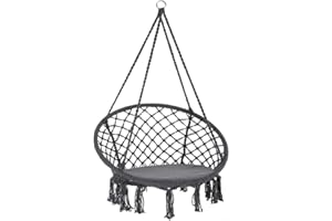 DETEX® Hanging Chair with 150kg Load Capacity | Outdoor & Indoor | Macrame Knotting Cotton Rope Swinging Chair | Perfect for Garden Patio Camping Travel Furniture Seat | Grey