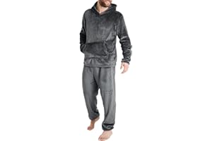 Duohropke Herren Schlafanzug Flanell Hausanzug Winter Pyjama Set Lang Zweiteiliger Schlafanzug mit Kapuze
