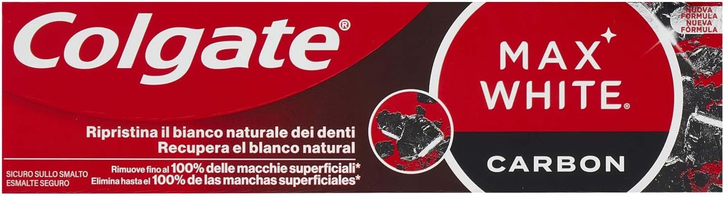 Colgate Max White Carbón Activo Pasta de Dientes 75ml - Pasta de Dientes Blanqueadora - Elimina hasta 100% de las Manchas Superficiales - Carbón Activado y Micro Partículas Minerales