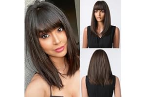 ‎TESTAR testar Dunkelbraune PerÜCken FÜR Schwarze Frauen Mittellange Bob PerÜCken Mit Dickem Pony Synthetische Hitzebeständige PerÜCke FÜR Den Täglichen Haarersatz
