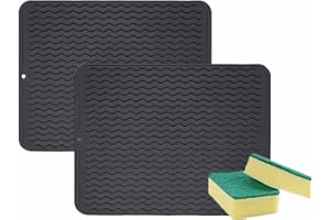 Anlising Abtropfmatte, 2PCS Silikon Abtropfmatte, Spülbeckenmatte für Küche, Abtropfmatte für Geschirr, Rutschfeste Hitzebeständige Silikonmatte, Senden 2 Reinigungsschwamm,für Küche (40×30CM Schwarz)