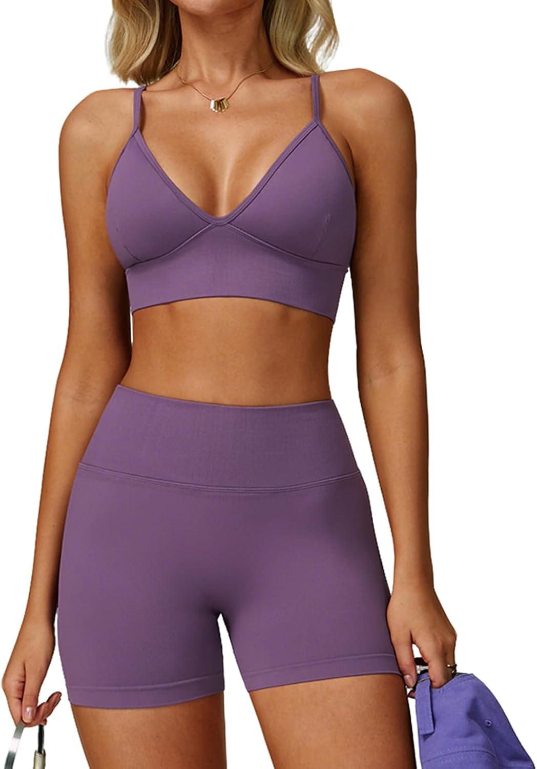 JTSONN Conjunto Deportivo para Mujer Gimnasio de Punto Elástico Yoga Tirantes Fitness Ropa Escote en V Espalda Descubierta Sujetador Combinado Pantalones Cortos Fruncido Ropa Deportiva sin Costuras
