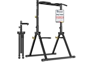 DH FitLife Power Tower Dip Station Pieghevole | Barra per Trazioni Autoportante con Dip Parallele e Supporti per Bilanciere/Schienale | Stazione Fitness Multifunzionale | Power Rack for Home Gym