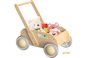 ITSLIFE Lauflernwagen Holz, Baby Lauflernhilfe für Junge und Mädchen, Toddler Push & Pull Lauflernspielzeug, Kinderwagen aus Holz, Baby Walker mit Rädern, Geschenk für Geburtstag Weihnachten, Naturfarbe