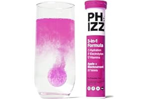 Phizz Electrolitos, Multivitaminas e Hidratación Efervescente 20 Comprimidos - 18 Vitaminas y Minerales, Vitamina C, Vegano, Vegetariano y Bajo en Calorías (Manzana y Grosella Negra, 20 Pastilla)