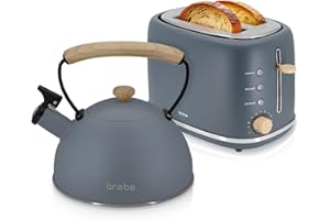 briebe Nordic Ensemble Grille Pain 2 Fentes Tranches Larges, 6 Niveaux de Dorage + Bouilloire Induction Sifflante 2,3L, Acier Inoxydable, sans BPA, Pack Petit Déjeuner, Design Nordique, Gris