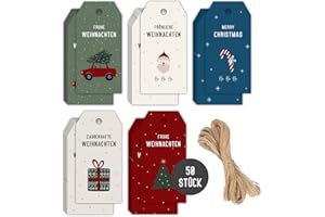 ‎THINGS OF HAPPINESS Weihnachten Geschenk Anhänger 50 Stück | Geschenkanhänger Frohe Weihnachten | Merry Xmas Weihnachtsanhänger mit 10m Schnur zum Befestigen (Bunt)