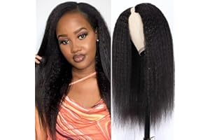 EMOL Kinky Straight Human Hair V Part Wig - Brazilian Yaki No Leave Out, 150% Density, Easy to Wear, 16 Inch U Part Hair Friendly Wig