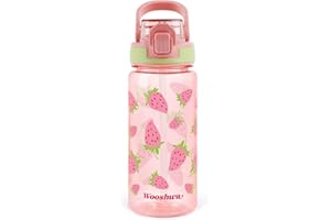 wooshwa Gourde Enfant avec Paille 600ml Anti Fuite sans BPA, Verrouillage Sécurisé, Bouteille d'eau pour Fille Garçon Enfants, pour L'école Sport Voyage - Fraise Rose