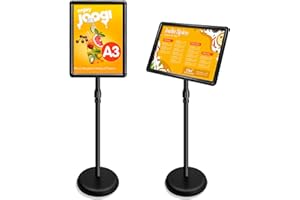 VAIIGO Support de panneau A3 réglable en aluminium avec cadre encliquetable et support de menu remplaçable avec coin de sécurité et base ronde stable (Noir,1Pièce)