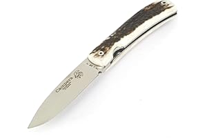 J&V Navaja Campera Cuchillo Asta Ciervo Plegable de Bolsillo para Acampada Bushcraft Campo Supervivencia Caza Pesca Marcha, Hoja de 8,5 cm Acero Sandvik 14C28N con Bloqueo de Seguridad, Hecho en España