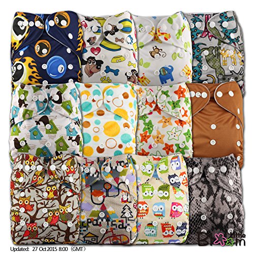 LittleBloom, Reusable Pocket Cloth Nappy, Fastener: Popper, Set of 12, Patterns 1210, With 24 Bamboo Inserts, (see "Special Offers and Product Promotions" for Special Offers Detail)