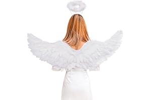 YIMOJOY Alas de ángel Blanco con halo,105CM alas de ángel Adulto señoras alas de ángel Traje de Las señoras alas de Plumas alas de Carnaval para Halloween Carnaval Cosplay Partido