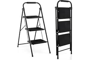 COSTWAY Escalera Plegable de 3 Peldaños, Taburete Plegable con Manija Acolchada y Escalones Antideslizantes, Escalera de Metal Portátil, para Cocina, Hogar, Almacén