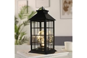 JHY DESIGN Farol colgante decorativo de 12 pulgadas de alto plástico con pilas con bombilla LED y temporizador de 6 horas, luces de jardín, pasillo y entrada interior al aire libre (rayas cuadradas)