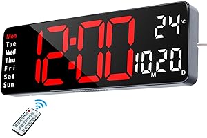 Lafocuse Reloj Digital Pared LED Grande 32cm, Silencioso Reloj Digital con Control Remoto, Temperatura, Fecha, 2 Alarmas, Brillo Ajustable, 12/24 Horas, para Salon Cocina Oficina,Rojo