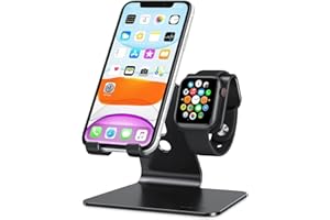 OMOTON 2 in 1 Phone and Watch Stand, Desktop Stand Holder (NOT Include Charger) Compatible with All iPhone 15 14 13 12 and for Apple Watch Series 9/8/SE2/7/6/SE/5/4/3/2 (Both 45/44/42/41/38mm)-Black