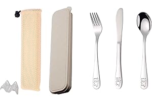 QZLSAYSL 6 pezzi, Scatola Di Posate Per Bambini, Set Di Posate Da Viaggio Portatile, Include Scatola, Forchetta, Cucchiaio, Coltello, Clip, Borsa (beige)