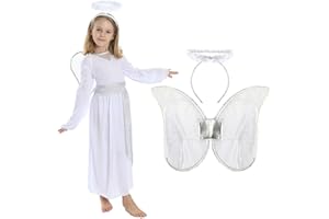 I LOVE FANCY DRESS Angel Kids Costume - Small White Dress With Silver Details + Halo Headband - Girls Fancy Dress for Christmas Nativity