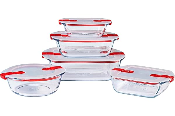 Pyrex Cook & Heat - Lot de 5 Boites - Tailles et Formes Différentes - Verre Borosilicate - Couvercle Hérmétique spécial Micro-Onde - Made in France