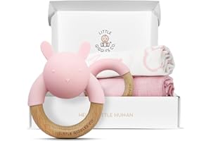 Little Giggles Co.® Baby Gift in Pink - Girls Teething Toys & Large Muslin Cloths Set. Sensory Play Rattle, Soothing Teether Ring, Soft Cotton Muslins. Essentials for Newborn Girl & Baby Shower Gifts